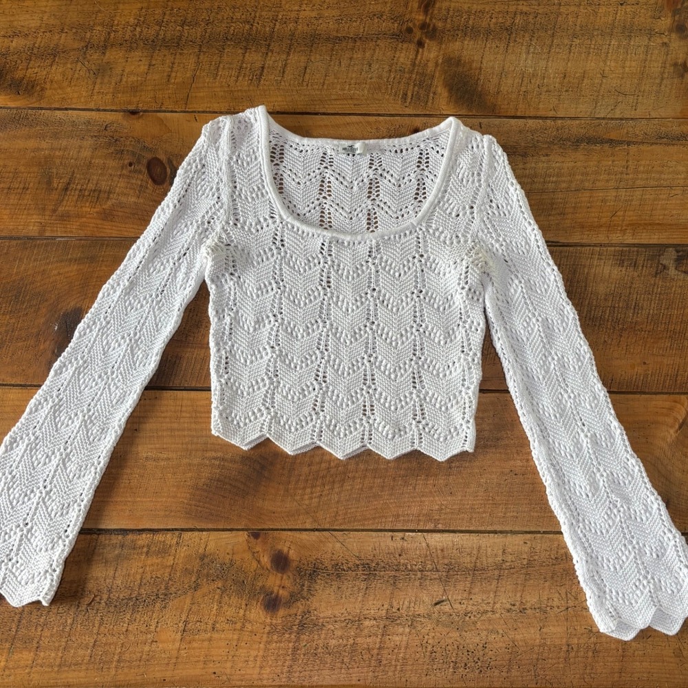 Hollister Womens Open Knit Cropped Crochet Flare Sleeve Sweater Boho Concert M